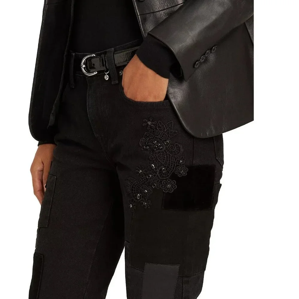 NWT Lauren Ralph Lauren Patchwork Relaxed Tapered Jean Black Wash - Picture 5 of 6